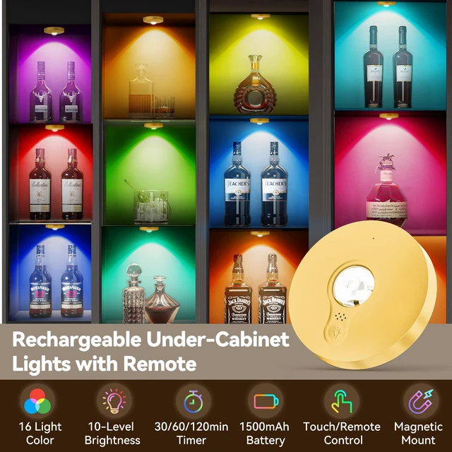 Alt view image 2 of 7 - Rechargeable Puck Lights with Remote, 12 Pack Magnetic Under Cabinet Lighting, 1500mAh Battery Operated LED Tap Lights with Dimmer & Timmer for Kitchen, Closet, Shelf - 3 Color Temps & 12 RGB, Gold