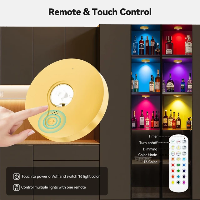 Alt view image 4 of 7 - Rechargeable Puck Lights with Remote, 12 Pack Magnetic Under Cabinet Lighting, 1500mAh Battery Operated LED Tap Lights with Dimmer & Timmer for Kitchen, Closet, Shelf - 3 Color Temps & 12 RGB, Gold