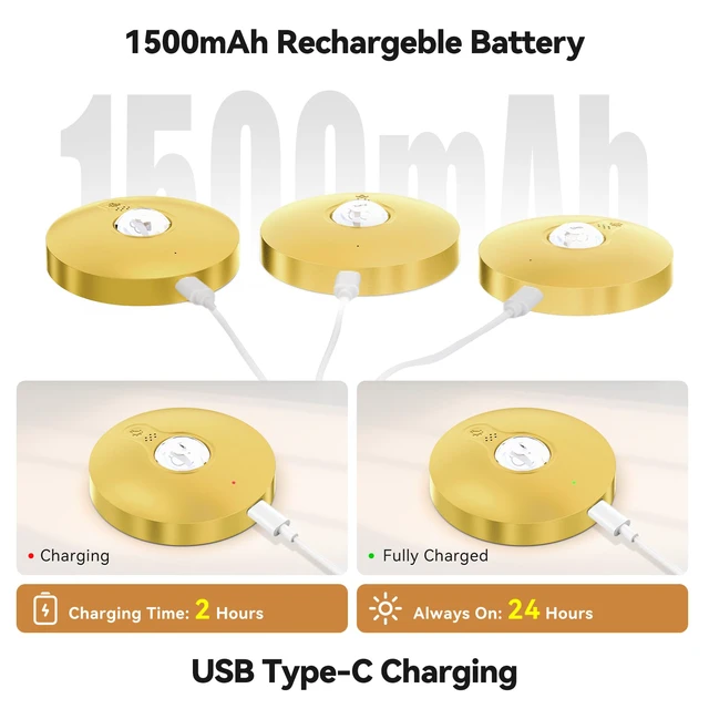 Alt view image 5 of 7 - Rechargeable Puck Lights with Remote, 12 Pack Magnetic Under Cabinet Lighting, 1500mAh Battery Operated LED Tap Lights with Dimmer & Timmer for Kitchen, Closet, Shelf - 3 Color Temps & 12 RGB, Gold