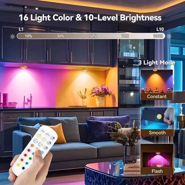 Alt view image 3 of 7 - Rechargeable Puck Lights with Remote, 12 Pack Magnetic Under Cabinet Lighting, 1500mAh Battery Operated LED Tap Lights with Dimmer & Timmer for Kitchen, Closet, Shelf - 3 Color Temps & 12 RGB, Gold