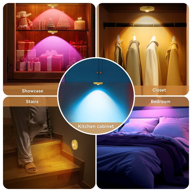 Alt view image 6 of 7 - Rechargeable Puck Lights with Remote, 12 Pack Magnetic Under Cabinet Lighting, 1500mAh Battery Operated LED Tap Lights with Dimmer & Timmer for Kitchen, Closet, Shelf - 3 Color Temps & 12 RGB, Gold