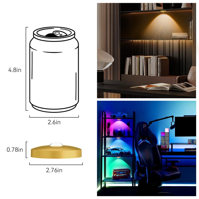 Alt view image 7 of 7 - Rechargeable Puck Lights with Remote, 12 Pack Magnetic Under Cabinet Lighting, 1500mAh Battery Operated LED Tap Lights with Dimmer & Timmer for Kitchen, Closet, Shelf - 3 Color Temps & 12 RGB, Gold