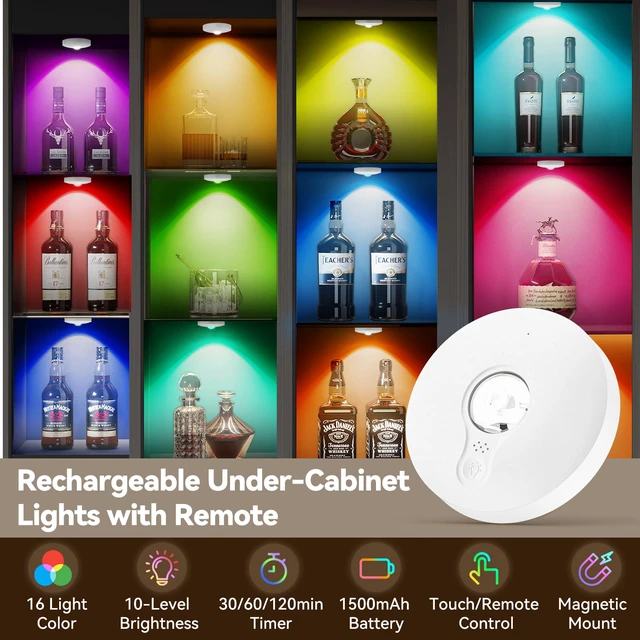 Alt view image 2 of 7 - Rechargeable Puck Lights with Remote, 12 Pack Magnetic Under Cabinet Lighting, 1500mAh Battery Operated LED Tap Lights with Dimmer & Timmer for Kitchen, Closet, Shelf - 3 Color Temps & 12 RGB, White