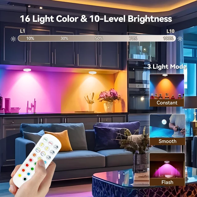 Alt view image 3 of 7 - Rechargeable Puck Lights with Remote, 12 Pack Magnetic Under Cabinet Lighting, 1500mAh Battery Operated LED Tap Lights with Dimmer & Timmer for Kitchen, Closet, Shelf - 3 Color Temps & 12 RGB, White