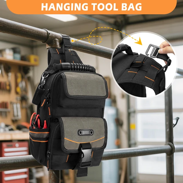 Alt view image 4 of 7 - Electrician Tool Pouch Bag, Zippered HVAC Tool Organizer Heavy-Duty Canvas Fabric, Ergonomic Handle, Removable Shoulder Strap, Ideal for Maintenance Repair Technician