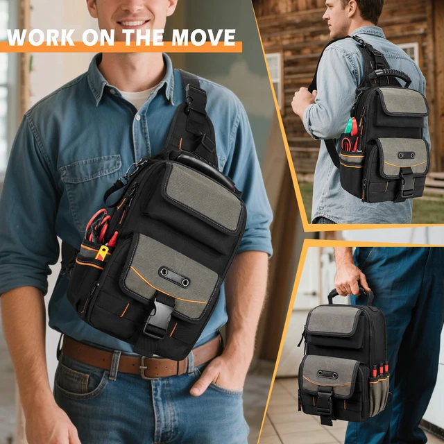 Alt view image 5 of 7 - Electrician Tool Pouch Bag, Zippered HVAC Tool Organizer Heavy-Duty Canvas Fabric, Ergonomic Handle, Removable Shoulder Strap, Ideal for Maintenance Repair Technician