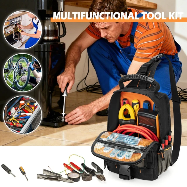 Alt view image 7 of 7 - Electrician Tool Pouch Bag, Zippered HVAC Tool Organizer Heavy-Duty Canvas Fabric, Ergonomic Handle, Removable Shoulder Strap, Ideal for Maintenance Repair Technician