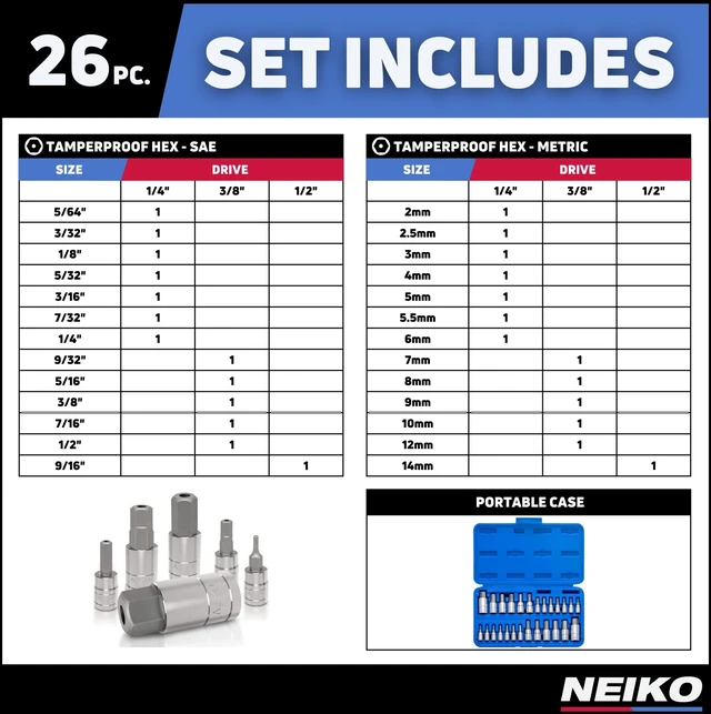 Alt view image 6 of 6 - 01144A Tamper-Proof Hex Bit Socket Set, 26 Pieces | SAE (5/64-9/16) and Metric (2-14MM)