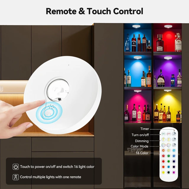 Alt view image 4 of 7 - Rechargeable Puck Lights with Remote, 12 Pack Magnetic Under Cabinet Lighting, 1500mAh Battery Operated LED Tap Lights with Dimmer & Timmer for Kitchen, Closet, Shelf - 3 Color Temps & 12 RGB, White