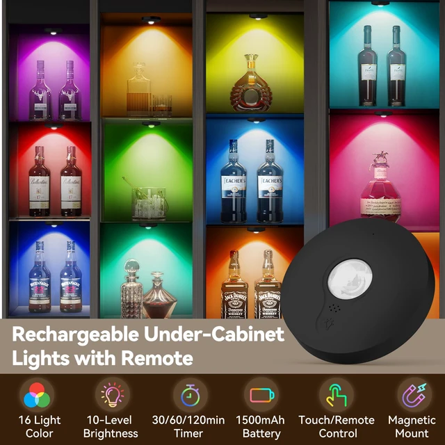 Alt view image 2 of 7 - Rechargeable Puck Lights with Remote, 12 Pack Magnetic Under Cabinet Lighting, 1500mAh Battery Operated LED Tap Lights with Dimmer & Timmer for Kitchen, Closet, Shelf - 3 Color Temps & 12 RGB, Black