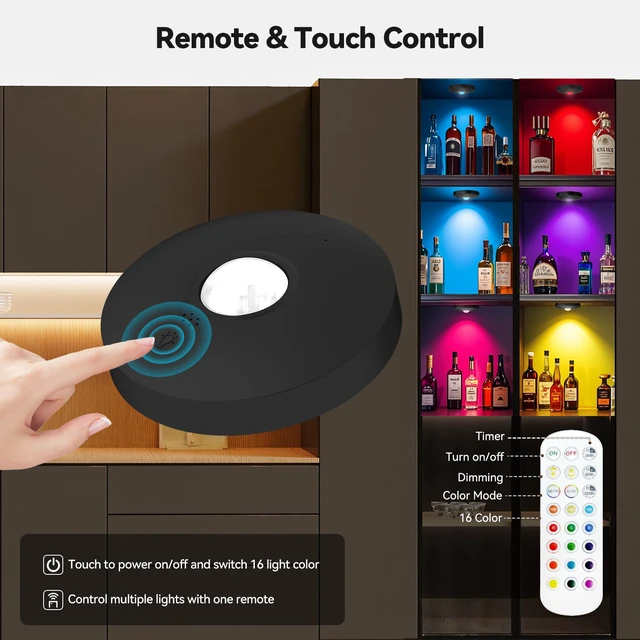 Alt view image 4 of 7 - Rechargeable Puck Lights with Remote, 12 Pack Magnetic Under Cabinet Lighting, 1500mAh Battery Operated LED Tap Lights with Dimmer & Timmer for Kitchen, Closet, Shelf - 3 Color Temps & 12 RGB, Black