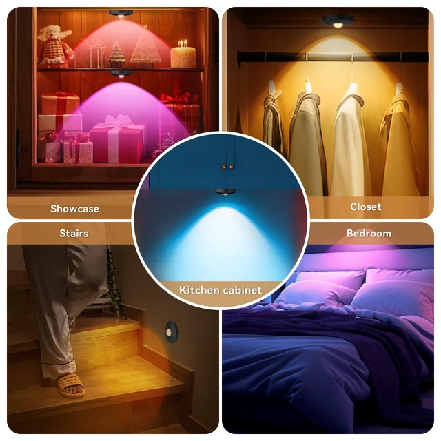 Alt view image 6 of 7 - Rechargeable Puck Lights with Remote, 12 Pack Magnetic Under Cabinet Lighting, 1500mAh Battery Operated LED Tap Lights with Dimmer & Timmer for Kitchen, Closet, Shelf - 3 Color Temps & 12 RGB, Black