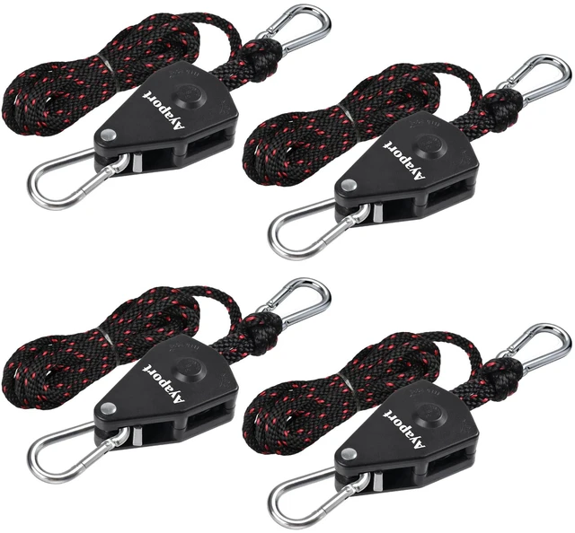 Main image of Adjustable Rope Tie Down, 3/8" Grow Light Hanger, 4 Pack 14Ft Heavy Duty Plant Pulley Rope Tightener Ratchet Tie Down for Kayak, Tarp, Tent Tie Downs, Hanging Plants, Filters, Fans