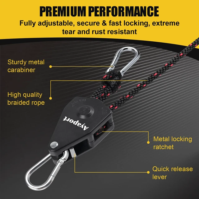 Alt view image 2 of 7 - Adjustable Rope Tie Down, 3/8" Grow Light Hanger, 4 Pack 14Ft Heavy Duty Plant Pulley Rope Tightener Ratchet Tie Down for Kayak, Tarp, Tent Tie Downs, Hanging Plants, Filters, Fans