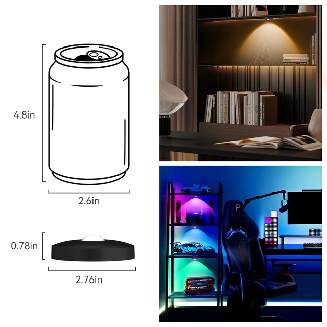 Alt view image 7 of 7 - Rechargeable Puck Lights with Remote, 12 Pack Magnetic Under Cabinet Lighting, 1500mAh Battery Operated LED Tap Lights with Dimmer & Timmer for Kitchen, Closet, Shelf - 3 Color Temps & 12 RGB, Black