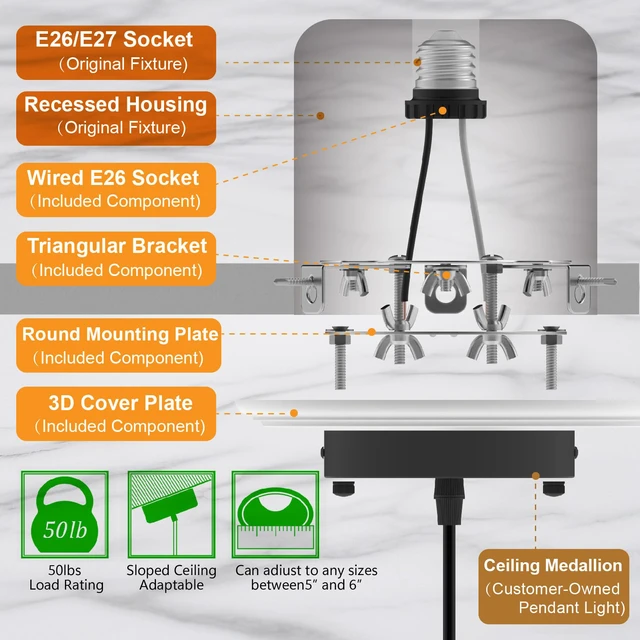 Alt view image 4 of 6 - 2-Pack Recessed Light to Pendant Converter Kit, Adjustable for 5 and 6 inch Recessed Can Light Conversion Kit, Includes E26 Socket, Triangular Bracket, Round Mounting Plate & 3D White Cover