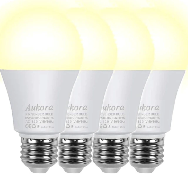 Main image of 4 Pack 12W Motion Sensor LED Bulbs, 100W Equivalent E26 Warm White Motion Activated Dusk to Dawn Auto On/Off Lights, Indoor Outdoor Lighting for Front Door Porch Garage Basement Hallway Closet