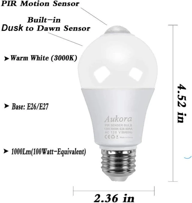 Alt view image 3 of 7 - 4 Pack 12W Motion Sensor LED Bulbs, 100W Equivalent E26 Warm White Motion Activated Dusk to Dawn Auto On/Off Lights, Indoor Outdoor Lighting for Front Door Porch Garage Basement Hallway Closet