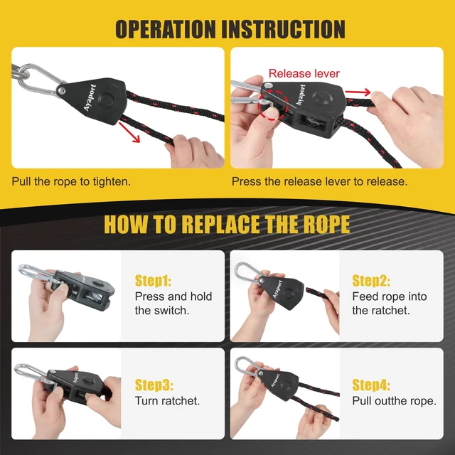 Alt view image 6 of 7 - Adjustable Rope Tie Down, 3/8" Grow Light Hanger, 4 Pack 14Ft Heavy Duty Plant Pulley Rope Tightener Ratchet Tie Down for Kayak, Tarp, Tent Tie Downs, Hanging Plants, Filters, Fans
