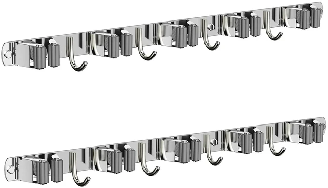 Main image of 2 Pack Mop and Broom Holder Wall Mount for Kitchen Garage Laundry Room Stainless Steel, Non-slip Broom Hanger Wall Mount, Heavy Duty Mop Broom Organizer, Silver, 5 Racks 4 Hooks