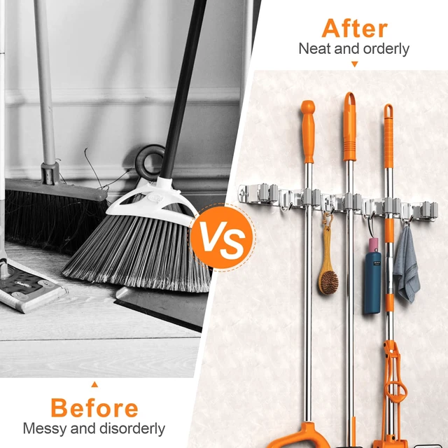 Alt view image 5 of 7 - Broom and Mop Organizer Wall Hanging for Laundry Room Organization Stainless Steel Broom Hanger Wall Mount, Upgraded Mop and Broom Holder Wall Mount, 5 Racks with 4 Hooks