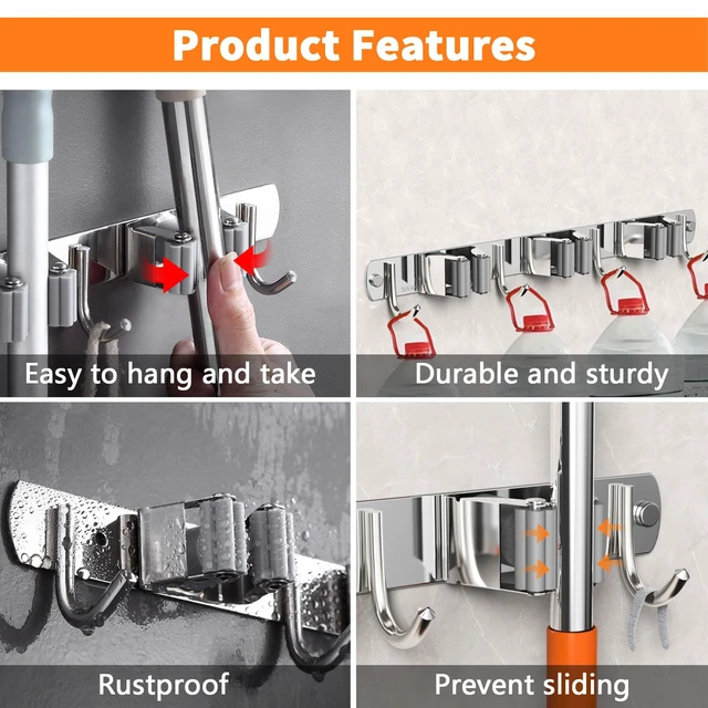 Alt view image 4 of 7 - 2 Pack Mop and Broom Holder Wall Mount for Kitchen Garage Laundry Room Stainless Steel, Non-slip Broom Hanger Wall Mount, Heavy Duty Mop Broom Organizer, Silver, 5 Racks 4 Hooks