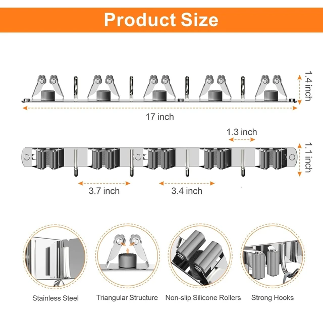 Alt view image 3 of 7 - Broom and Mop Organizer Wall Hanging for Laundry Room Organization Stainless Steel Broom Hanger Wall Mount, Upgraded Mop and Broom Holder Wall Mount, 5 Racks with 4 Hooks