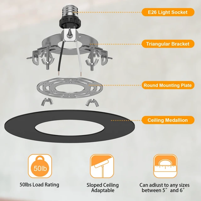 Alt view image 2 of 7 - 5 and 6 inch Recessed Can Light Conversion Kit, Ceiling Light Fixture Upgrade, Pendant & Hanging, 7¾ Inch Flat Steel Ceiling Medallion, Black Finish 2 Packs