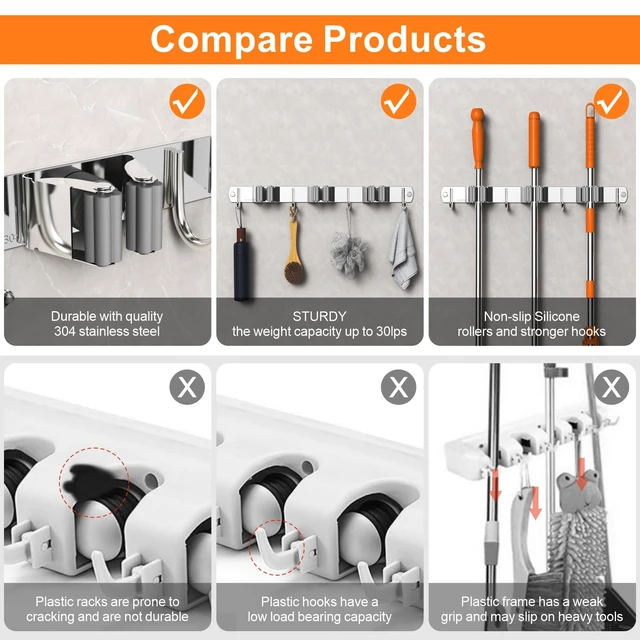 Alt view image 6 of 7 - Broom and Mop Organizer Wall Hanging for Laundry Room Organization Stainless Steel Broom Hanger Wall Mount, Upgraded Mop and Broom Holder Wall Mount, 5 Racks with 4 Hooks