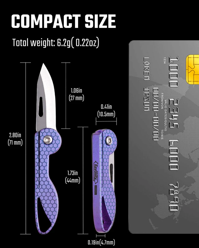 Alt view image 2 of 7 - KK05 Titanium Mini Pocket Knife, 1.06-Inch Blade, Hex Purple Lightweight EDC Knife for opening packages and snack wrappers, removing clothing tags, and handling everyday tasks