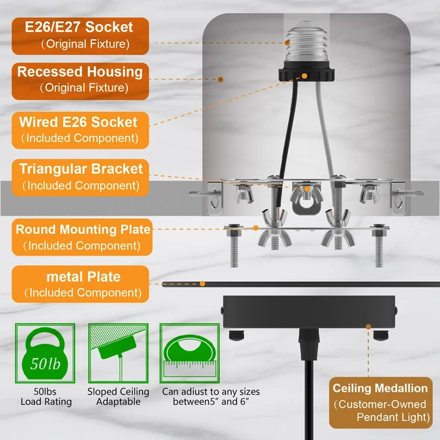 Alt view image 5 of 7 - 5 and 6 inch Recessed Can Light Conversion Kit, Ceiling Light Fixture Upgrade, Pendant & Hanging, 7¾ Inch Flat Steel Ceiling Medallion, Black Finish 2 Packs