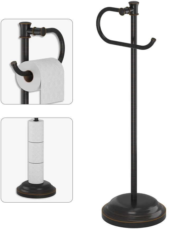 Main image of Toilet Paper Holder Floor Stand, Bathroom Freestanding Bronze Toilet Tissue Roll Holder, Free Standing Rack with Storage, Weighted Base Accessories, SUS304 Stainless Steel Rustproof
