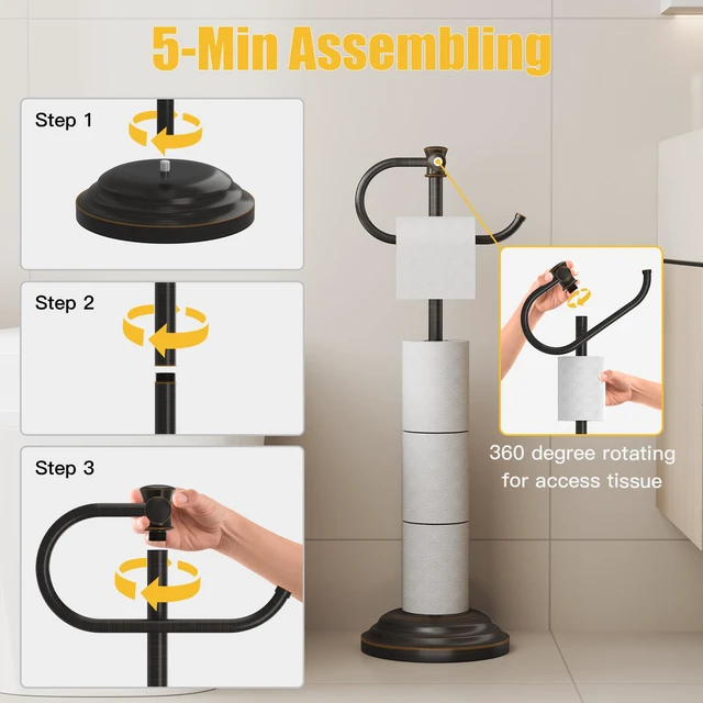 Alt view image 4 of 7 - Toilet Paper Holder Floor Stand, Bathroom Freestanding Bronze Toilet Tissue Roll Holder, Free Standing Rack with Storage, Weighted Base Accessories, SUS304 Stainless Steel Rustproof