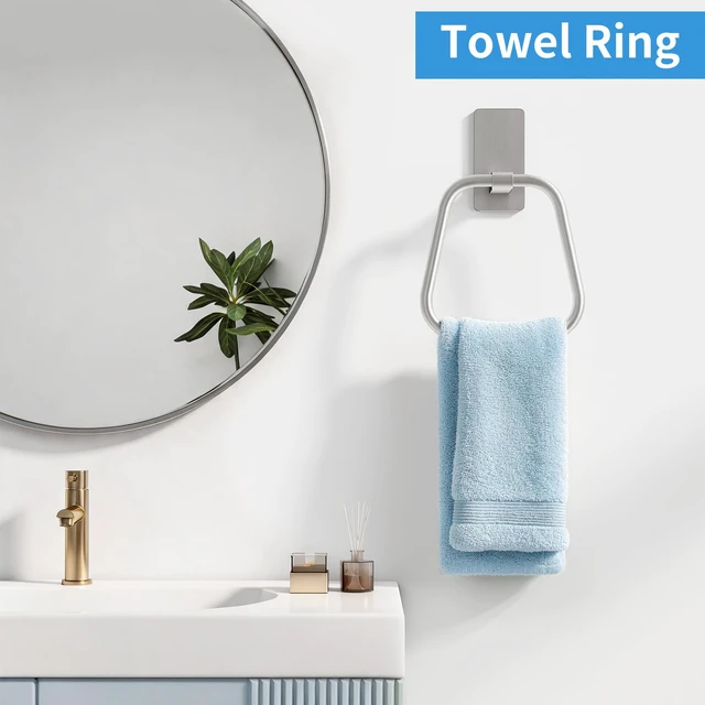 Alt view image 2 of 7 - Adhesive Hand Towel Holder for Bathroom, No Drill Towel Ring Wall Mounted, Space-Saving, Easy Install for Bathroom & Kitchen, 2 Pack(Brushed Nickel)