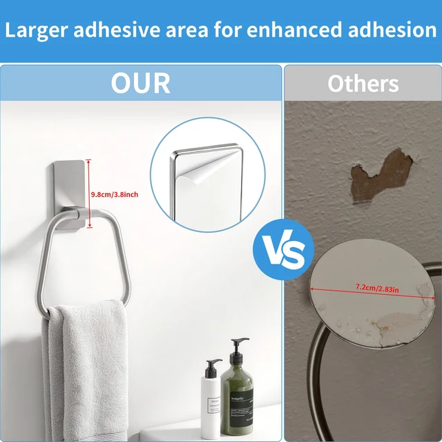 Alt view image 4 of 7 - Adhesive Hand Towel Holder for Bathroom, No Drill Towel Ring Wall Mounted, Space-Saving, Easy Install for Bathroom & Kitchen, 2 Pack(Brushed Nickel)
