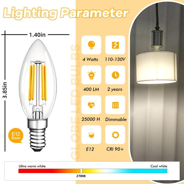 Alt view image 2 of 7 - 12Pcs B11 Candelabra Light Bulb 40 Watt,E12 LED Bulb for Chandelier Dimmable Vintage Candle Light Bulb,Small Base Type B Filament Light Bulbs,2700K Warm White,Free-Flicker,120V,400LM