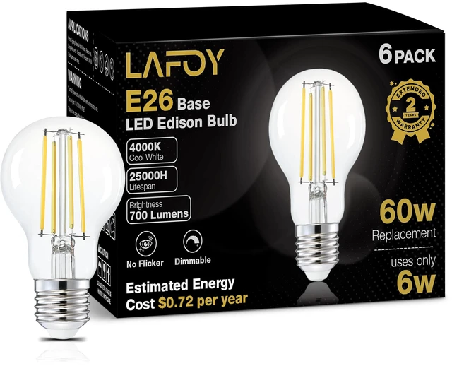 Main image of A19 Neutral White Edison Bulbs, Dimmable E26 LED 60 Watt Equivalent 6 Pack 4000K crisp clear vintage light for focused tasks. Antique old-fashioned style 700LM illumination ideal for bathroom vanities