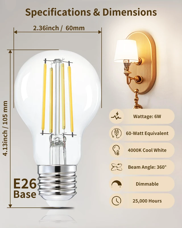 Alt view image 4 of 7 - A19 Neutral White Edison Bulbs, Dimmable E26 LED 60 Watt Equivalent 6 Pack 4000K crisp clear vintage light for focused tasks. Antique old-fashioned style 700LM illumination ideal for bathroom vanities