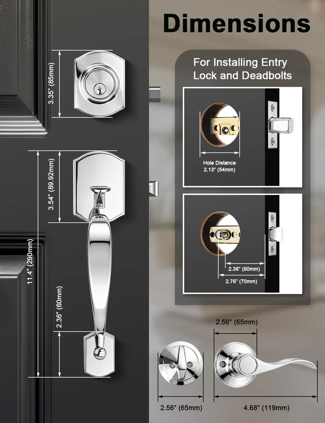 Alt view image 4 of 7 - Camelot Front Door Handle and Deadbolt Set, Bright Chrome Front Door Lock Set, Upgated Entry Door Handle with Accent Wave Door Lever with Reversible Handle Lever, 1 Pack