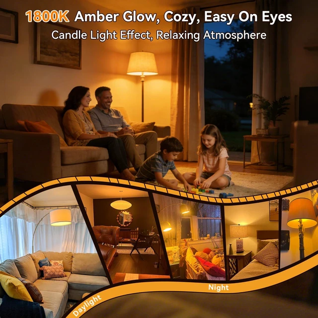 Alt view image 3 of 7 - A15 Amber LED Light Bulb 1800K, True Blue Light Blocking Sleep Aid Bulb for Bedroom Nursery, 7W Replacement for 40W, Soft Warm Glow to Protect Melatonin, E26 Base (8, Amber)