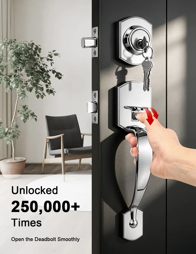 Alt view image 7 of 7 - Camelot Front Door Handle and Deadbolt Set, Bright Chrome Front Door Lock Set, Upgated Entry Door Handle with Accent Wave Door Lever with Reversible Handle Lever, 1 Pack