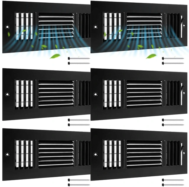 Main image of 6 Pack Wall Vent Covers Interior Size 10 X 4 Inch, Black Steel 3 Way Adjustable Air Flow, Steel Construction for Ceiling Sidewall Bathroom Office HVAC, Durable Register Grilles