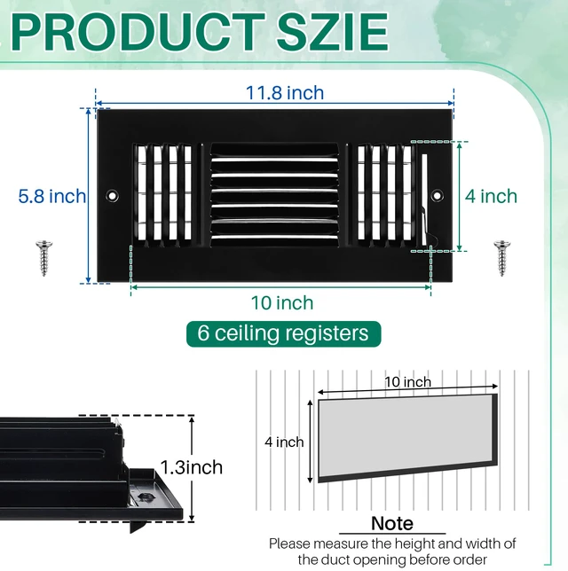Alt view image 2 of 7 - 6 Pack Wall Vent Covers Interior Size 10 X 4 Inch, Black Steel 3 Way Adjustable Air Flow, Steel Construction for Ceiling Sidewall Bathroom Office HVAC, Durable Register Grilles