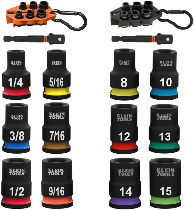 Main image of 80206 Grab-And-Go Impact Socket Sets, SAE and Metric, 14-Piece Set with Sleeves, Carabiners, 3/8-Inch Drive, Color-Coded, 1/4-Inch to 9/16-Inch, 8 mm to 15 mm Sockets