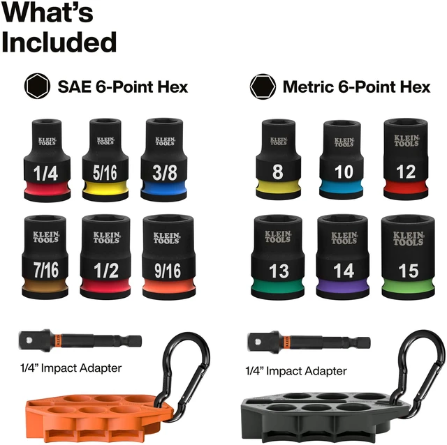 Alt view image 2 of 6 - 80206 Grab-And-Go Impact Socket Sets, SAE and Metric, 14-Piece Set with Sleeves, Carabiners, 3/8-Inch Drive, Color-Coded, 1/4-Inch to 9/16-Inch, 8 mm to 15 mm Sockets