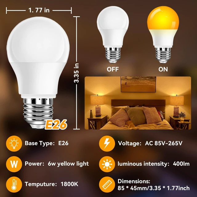 Alt view image 7 of 7 - A15 Amber LED Light Bulb 1800K, True Blue Light Blocking Sleep Aid Bulb for Bedroom Nursery, 7W Replacement for 40W, Soft Warm Glow to Protect Melatonin, E26 Base (8, Amber)