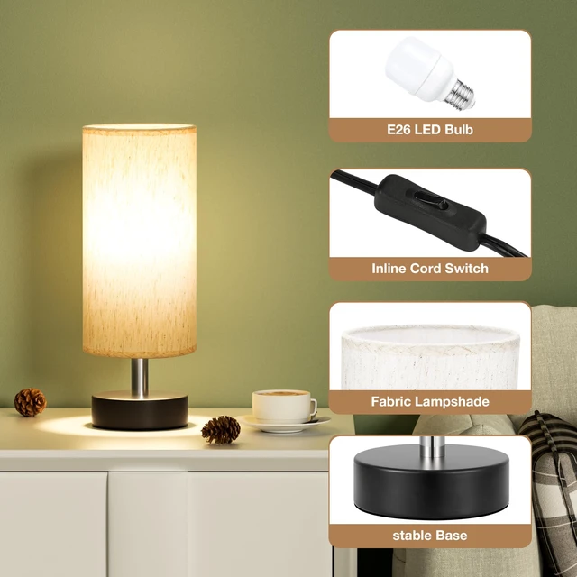 Alt view image 2 of 7 - Table Lamp for Bedroom - Bedside Lamps for Night StandsBlub Included Minimalist Desk Lamp Linen Fabric Shade for Living Room for Dorm 11.6" Inline Control