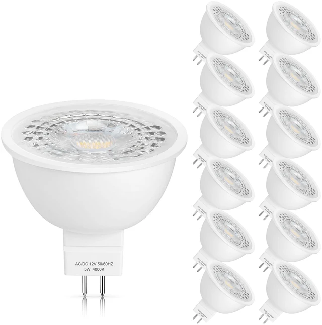 Main image of 12 Pack MR16 LED Bulbs 5W GU5.3 12V Spotlight, 4000K Neutral White 50W Halogen Equivalent, Non-Dimmable, 45° Beam Angle, 450lm, Landscape, Recessed, Track Lighting, Low Voltage, Bi-Pin Base