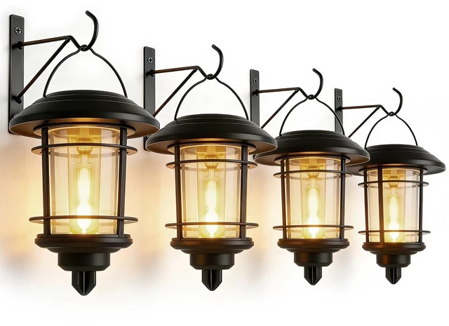 Main image of 4 Pack Solar Lanterns Outdoor, Hanging Lantern Solar Garden Lights with Edison Bulb, Wall Mounted LED Light Auto On/Off, Waterproof for Garage Stair Patio Front Porch Yard, Warm White