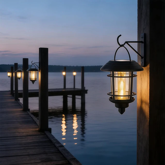 Alt view image 4 of 7 - 4 Pack Solar Lanterns Outdoor, Hanging Lantern Solar Garden Lights with Edison Bulb, Wall Mounted LED Light Auto On/Off, Waterproof for Garage Stair Patio Front Porch Yard, Warm White